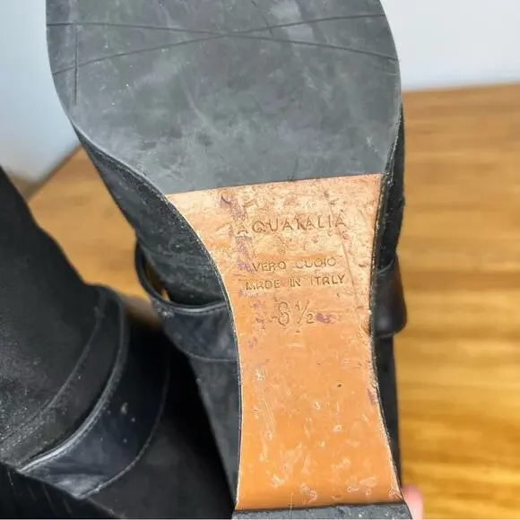 Aquatalia Tillie Black Suede Leather Buckle Wedge Boots Size 8.5